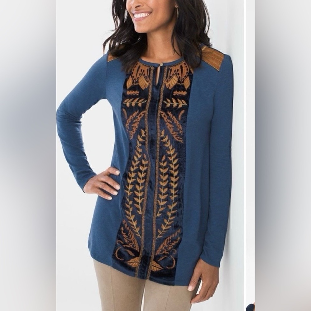 Zenergy Embroidered & velvet Blue & gold tunic top